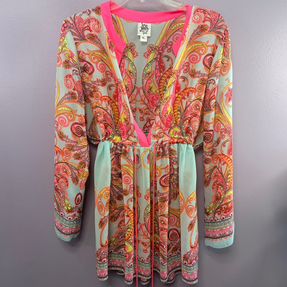 Ivy Jane Made in USA Multicolor Paisley Colorful V-Neck Knit Tunic Women Size XL